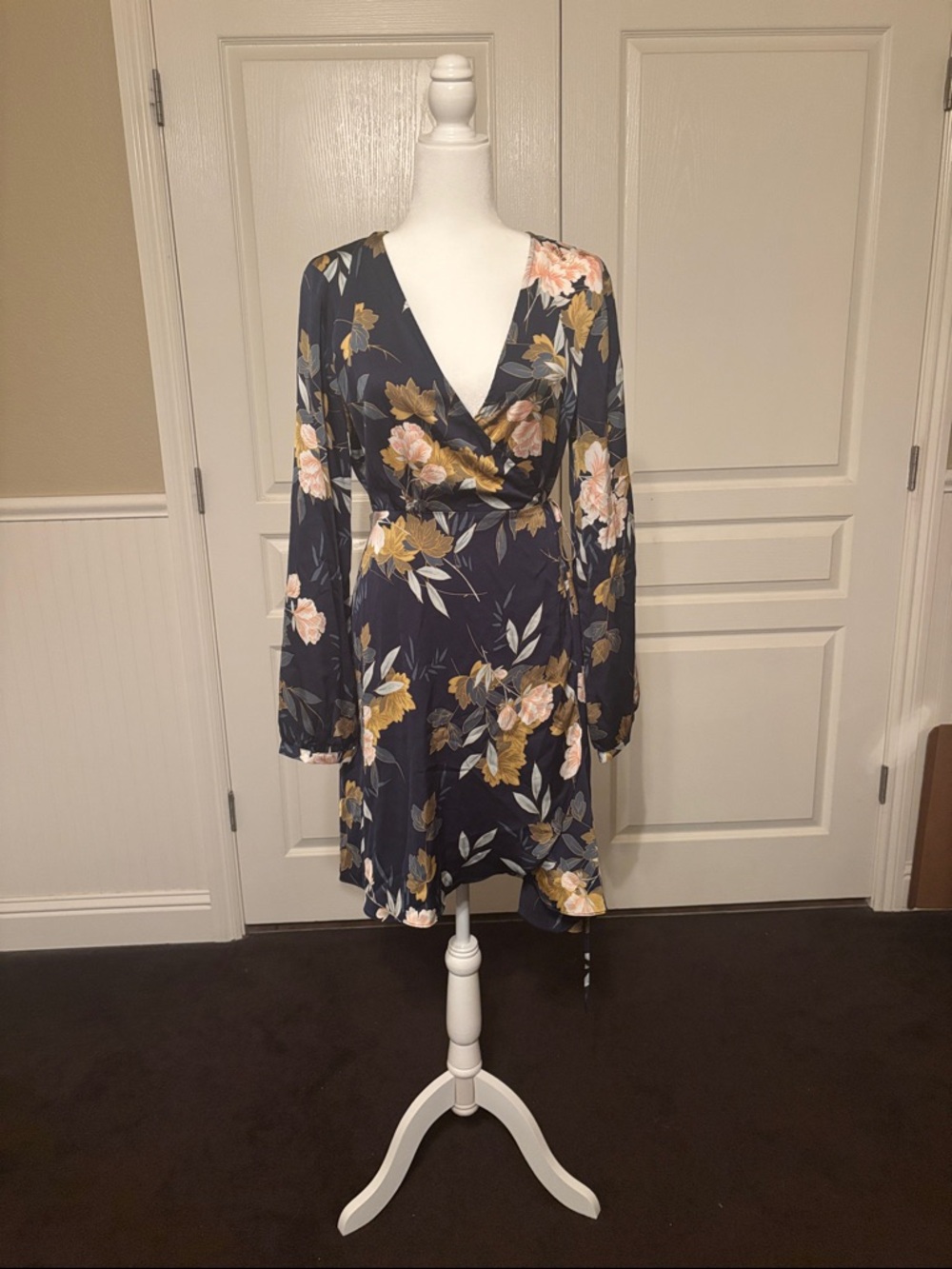 Lulu's Navy Floral Long-Sleeve Wrap Dress with Pink and Mustard Blooms